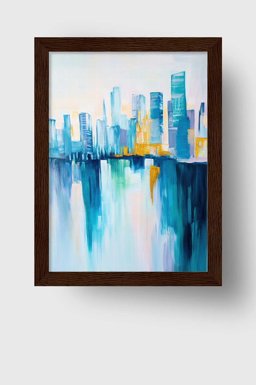 Kunstdruck mit abstrakter Stadt Skyline und spiegelnden Hochhäusern in kühlen Blautönen und goldenen Akzenten
