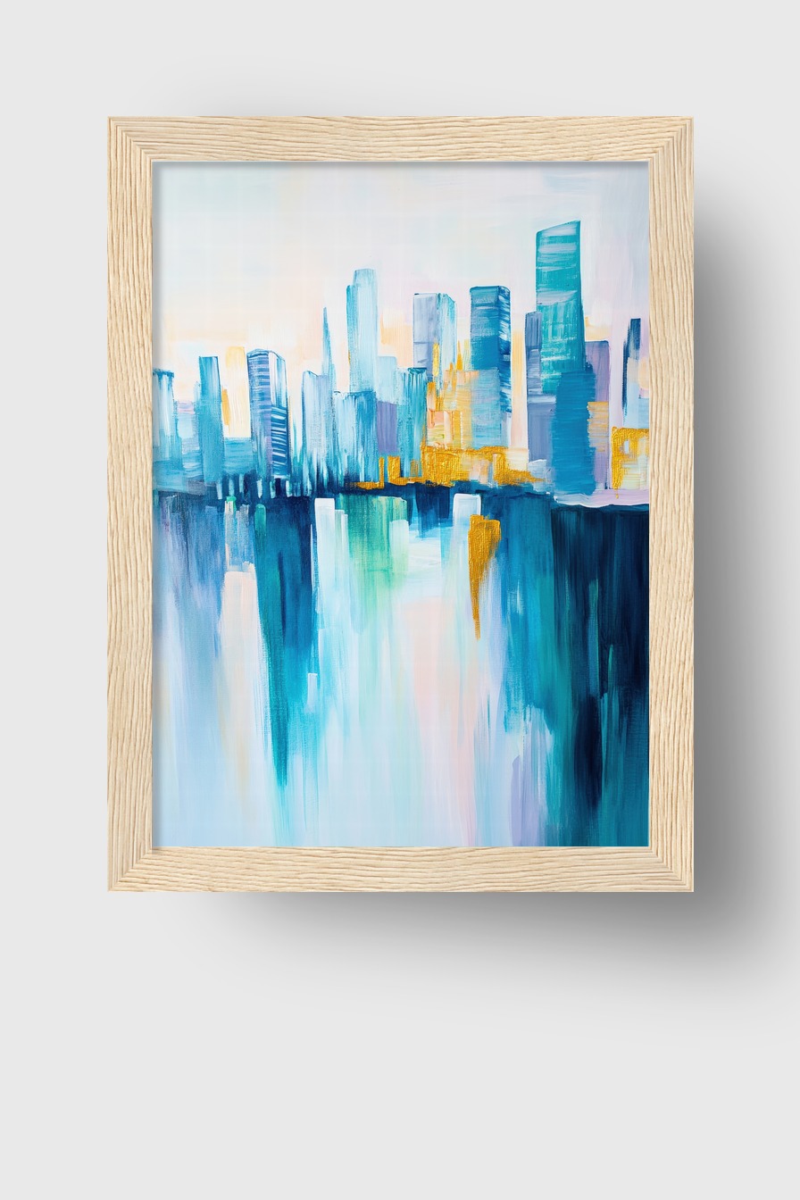 Kunstdruck mit abstrakter Stadt Skyline und spiegelnden Hochhäusern in kühlen Blautönen und goldenen Akzenten