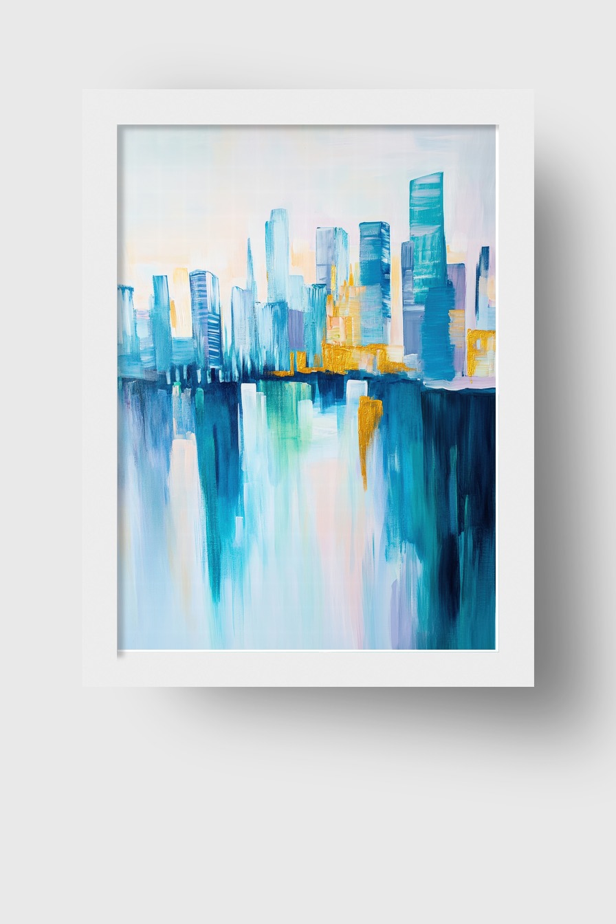Kunstdruck mit abstrakter Stadt Skyline und spiegelnden Hochhäusern in kühlen Blautönen und goldenen Akzenten