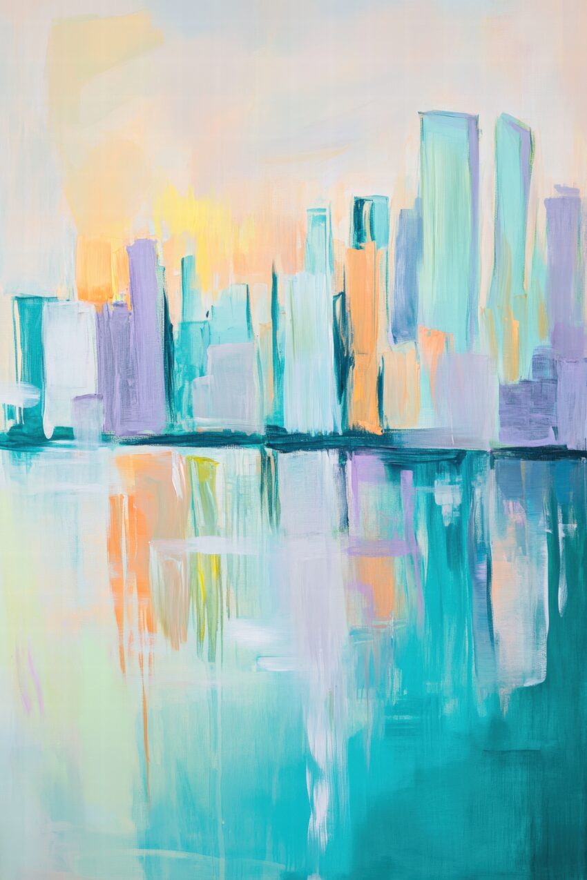 Abstrakter Kunstdruck einer Stadt Skyline mit Spiegelung im Wasser, Pastellfarben, ruhige Stimmung als Poster