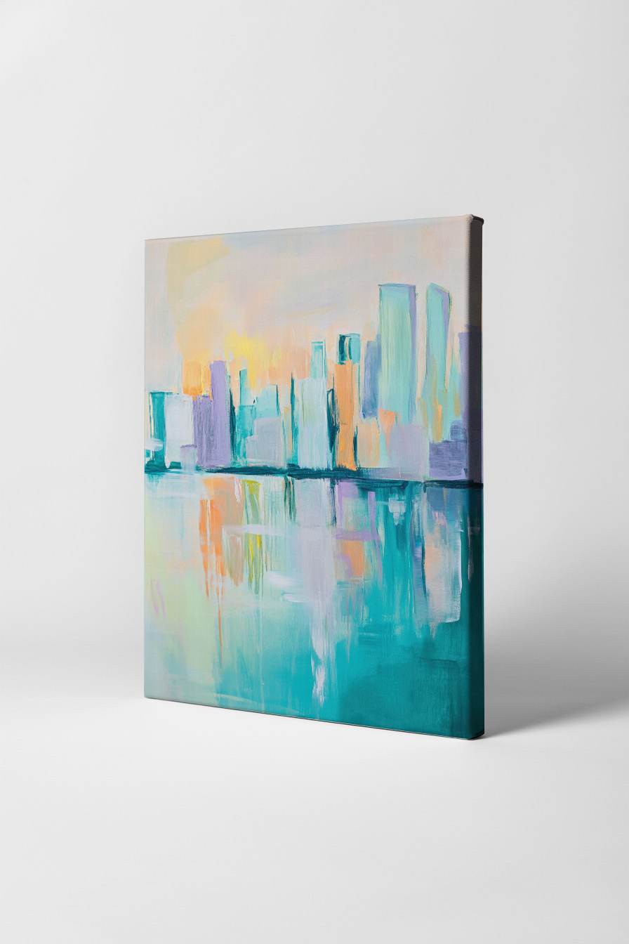 Abstrakter Kunstdruck einer Stadt Skyline mit Spiegelung im Wasser, Pastellfarben, ruhige Stimmung als Poster