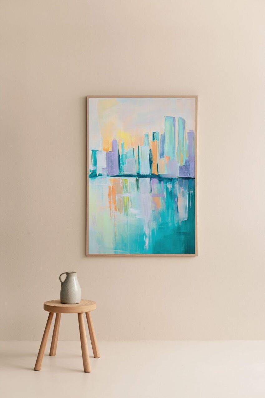 Abstrakter Kunstdruck einer Stadt Skyline mit Spiegelung im Wasser, Pastellfarben, ruhige Stimmung als Poster