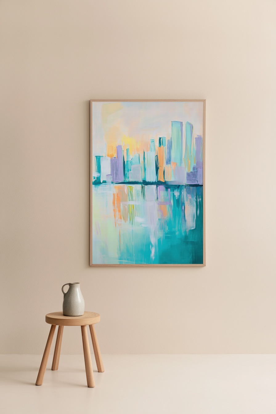 Abstrakter Kunstdruck einer Stadt Skyline mit Spiegelung im Wasser, Pastellfarben, ruhige Stimmung als Poster