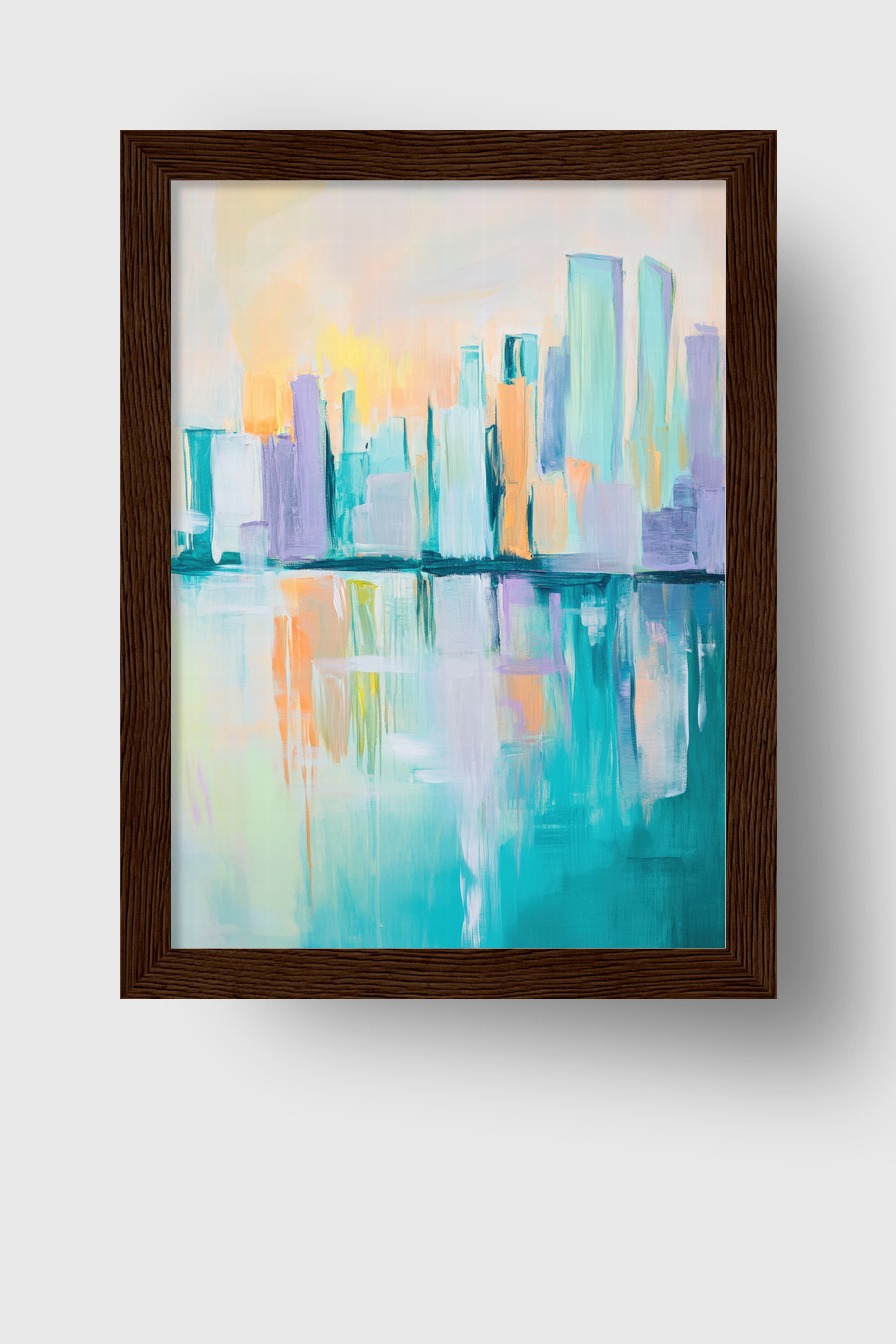 Abstrakter Kunstdruck einer Stadt Skyline mit Spiegelung im Wasser, Pastellfarben, ruhige Stimmung als Poster
