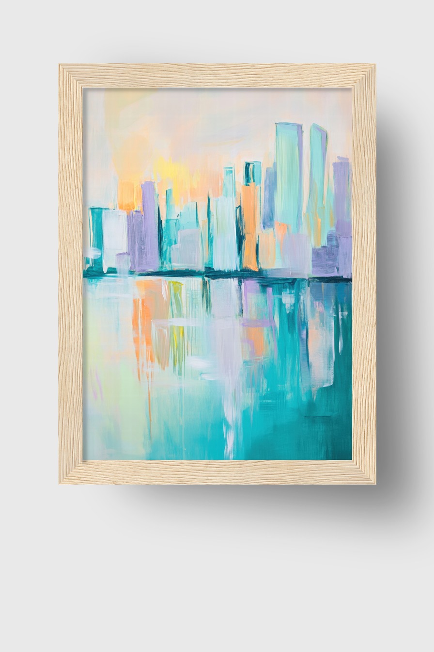 Abstrakter Kunstdruck einer Stadt Skyline mit Spiegelung im Wasser, Pastellfarben, ruhige Stimmung als Poster