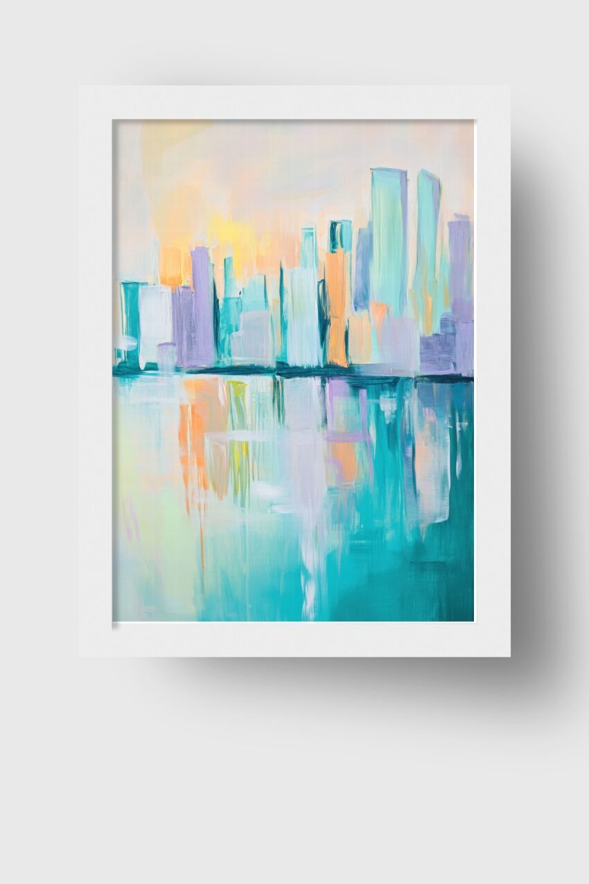 Abstrakter Kunstdruck einer Stadt Skyline mit Spiegelung im Wasser, Pastellfarben, ruhige Stimmung als Poster