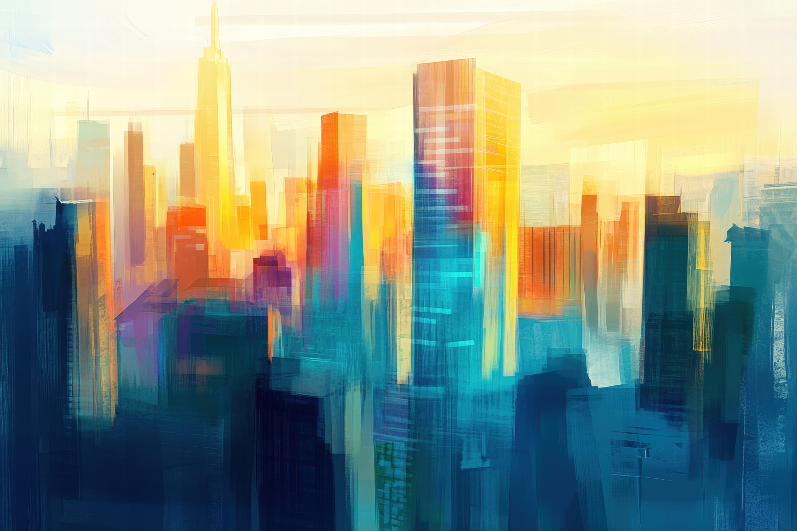 Abstrakter Kunstdruck einer Stadt mit hohen Gebäuden im warmen Licht der Dämmerung in Blau und Gelb auf Poster