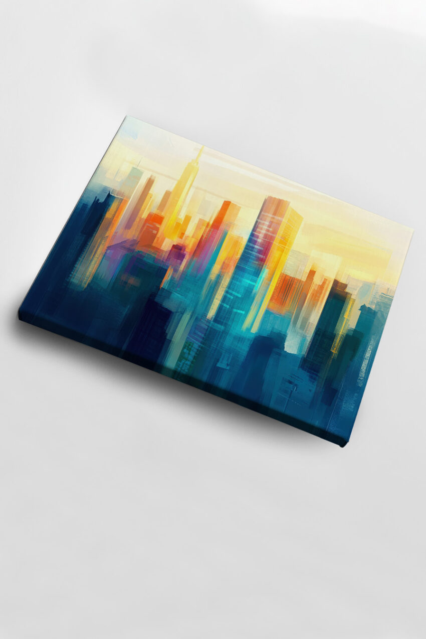 Abstrakter Kunstdruck einer Stadt mit hohen Gebäuden im warmen Licht der Dämmerung in Blau und Gelb auf Poster