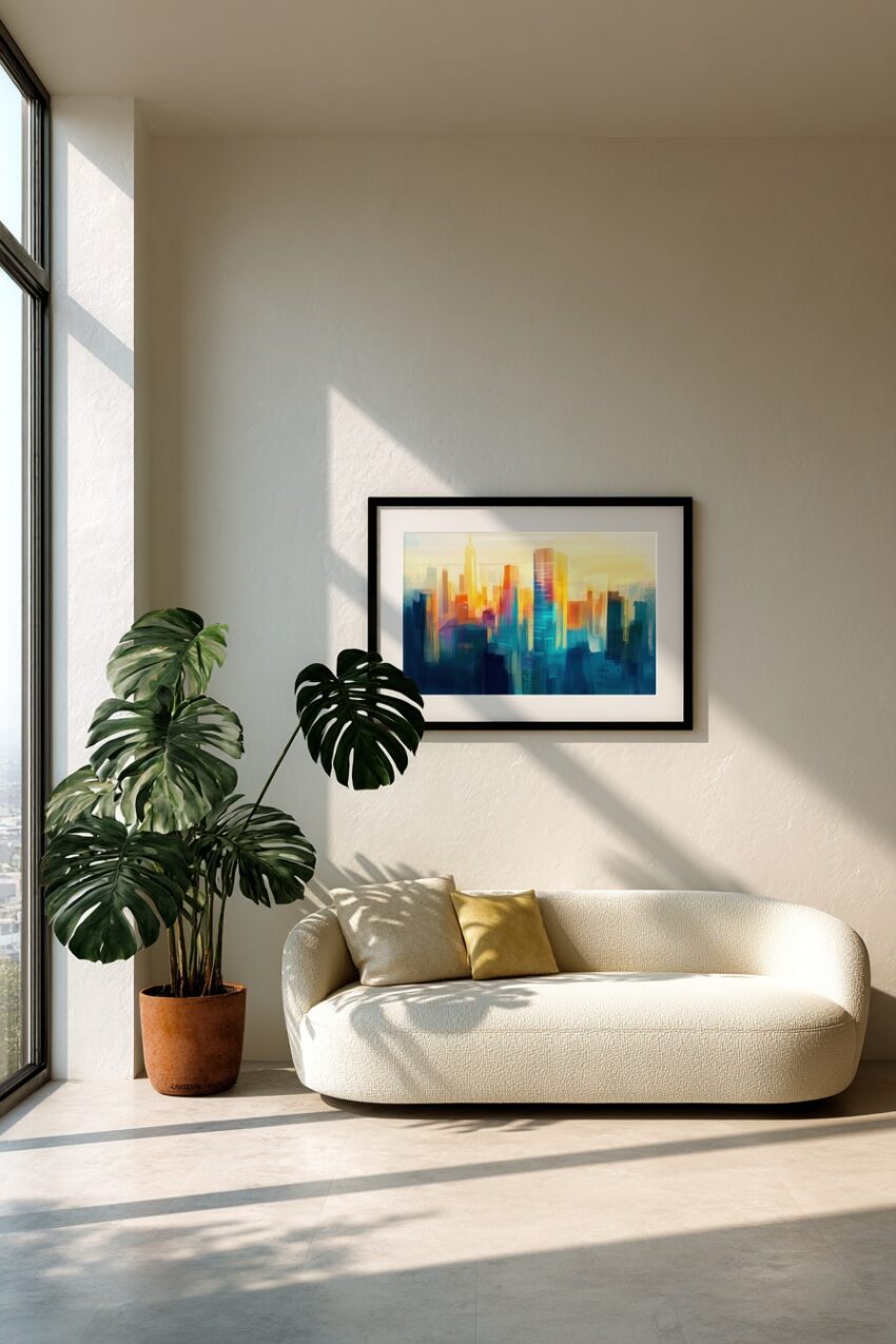 Abstrakter Kunstdruck einer Stadt mit hohen Gebäuden im warmen Licht der Dämmerung in Blau und Gelb auf Poster