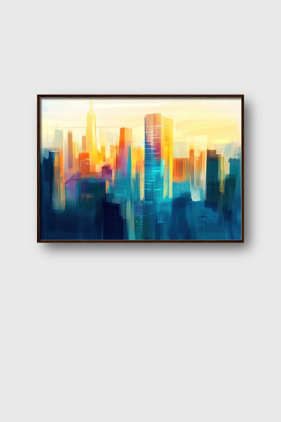 Abstrakter Kunstdruck einer Stadt mit hohen Gebäuden im warmen Licht der Dämmerung in Blau und Gelb auf Poster