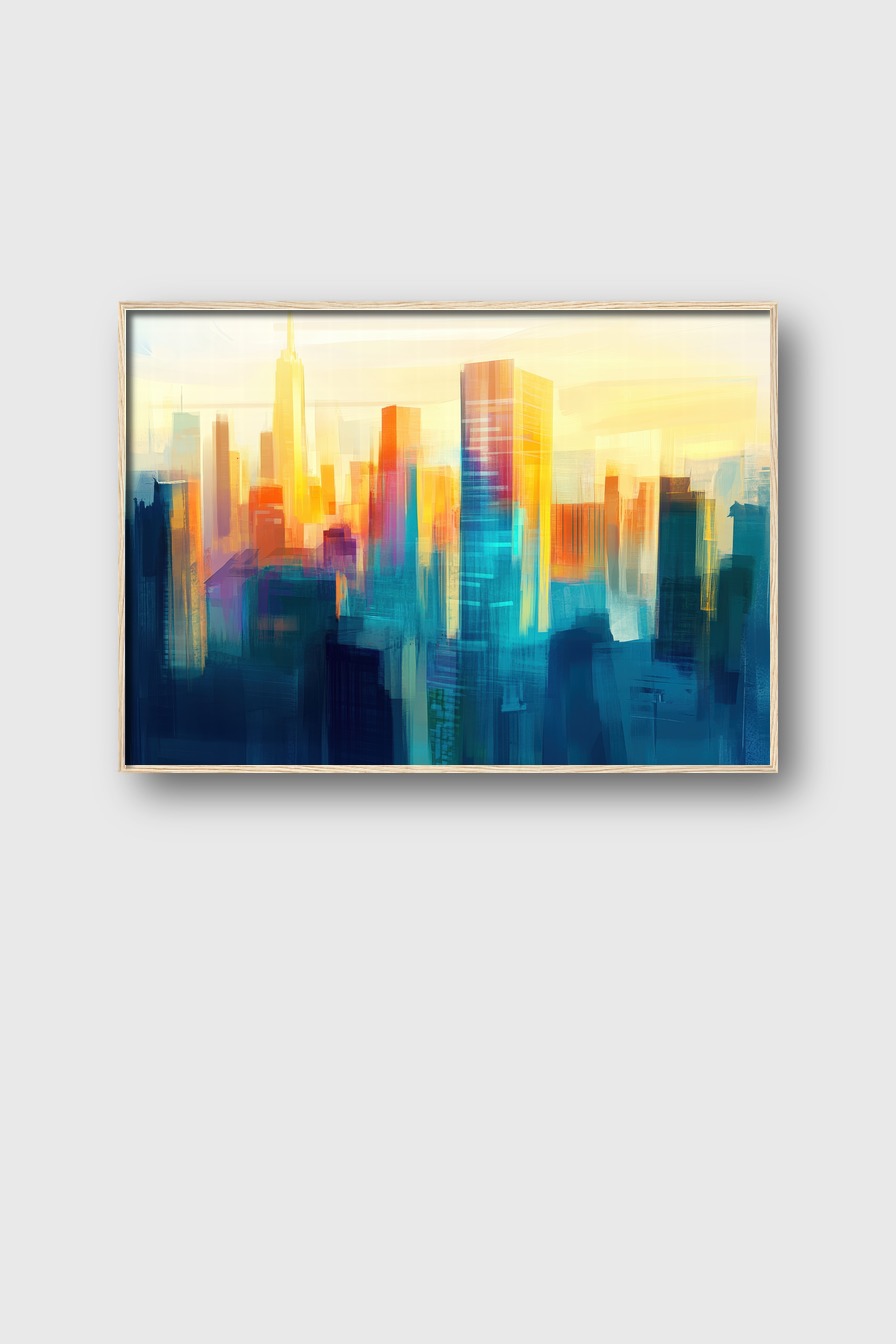 Abstrakter Kunstdruck einer Stadt mit hohen Gebäuden im warmen Licht der Dämmerung in Blau und Gelb auf Poster