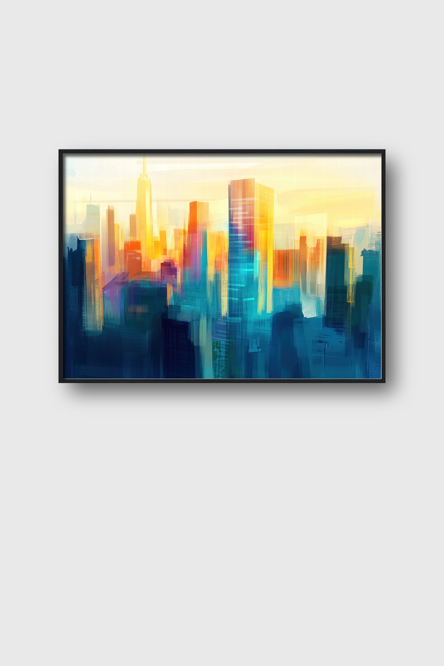Abstrakter Kunstdruck einer Stadt mit hohen Gebäuden im warmen Licht der Dämmerung in Blau und Gelb auf Poster