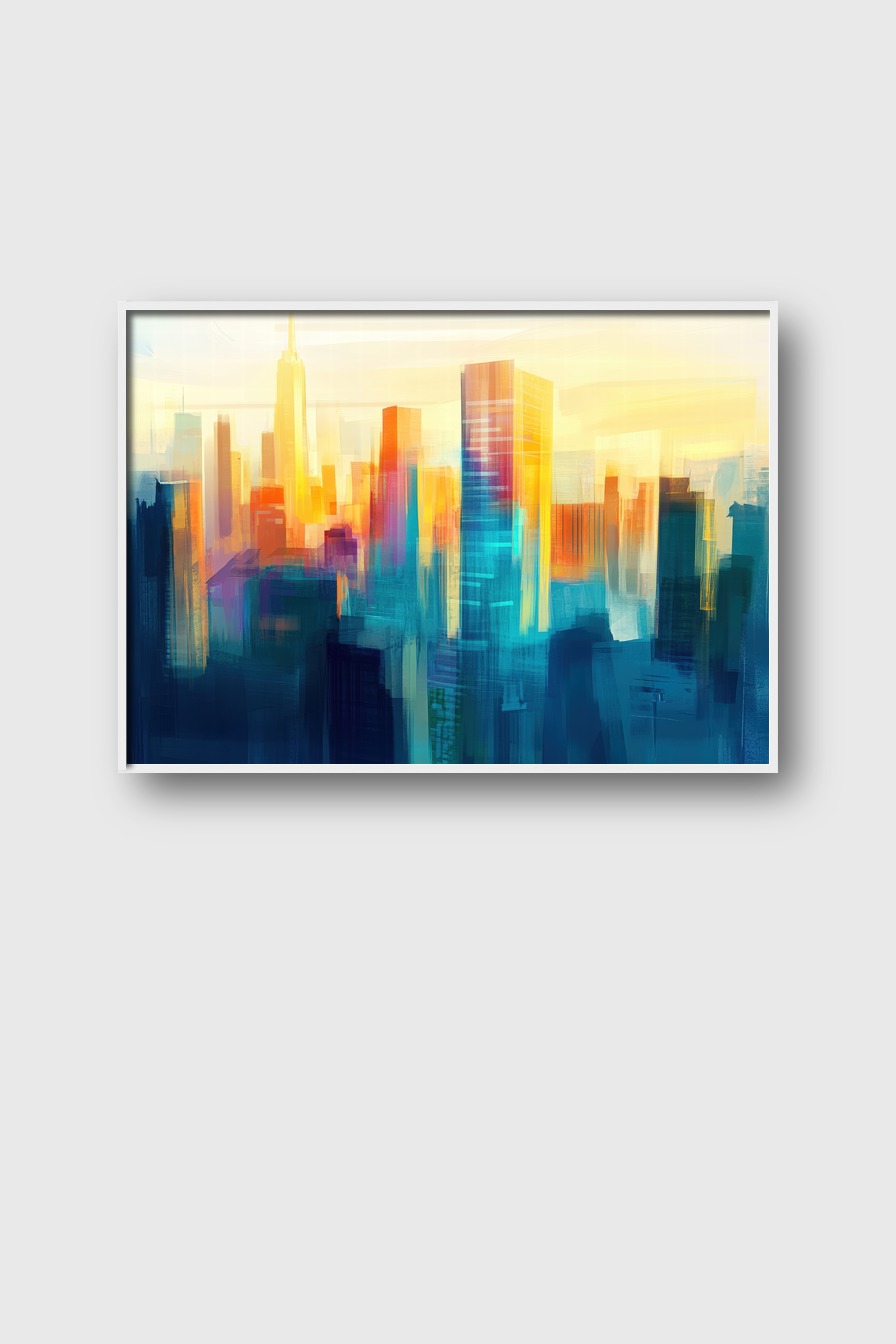 Abstrakter Kunstdruck einer Stadt mit hohen Gebäuden im warmen Licht der Dämmerung in Blau und Gelb auf Poster