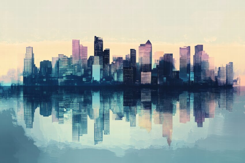 Abstrakter Kunstdruck einer Stadt Skyline mit Wasserreflexion, sanfte Farbtöne in Blau und Pastell, halbmatte Oberfläche