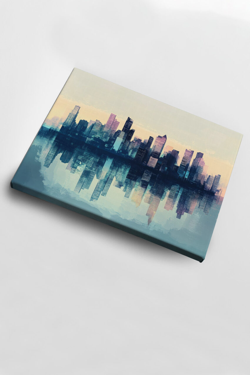 Abstrakter Kunstdruck einer Stadt Skyline mit Wasserreflexion, sanfte Farbtöne in Blau und Pastell, halbmatte Oberfläche