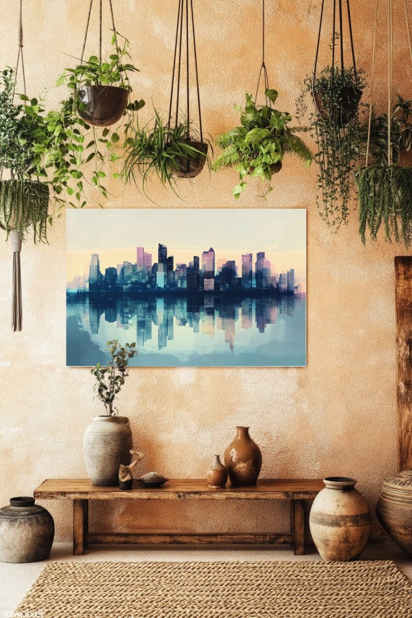Abstrakter Kunstdruck einer Stadt Skyline mit Wasserreflexion, sanfte Farbtöne in Blau und Pastell, halbmatte Oberfläche