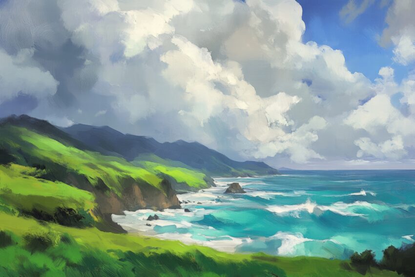 Kunstdruck eines grünen Küstenhügels mit blau-türkisfarbenem Meer und Wolken am Himmel, malerische Landschaft als Poster