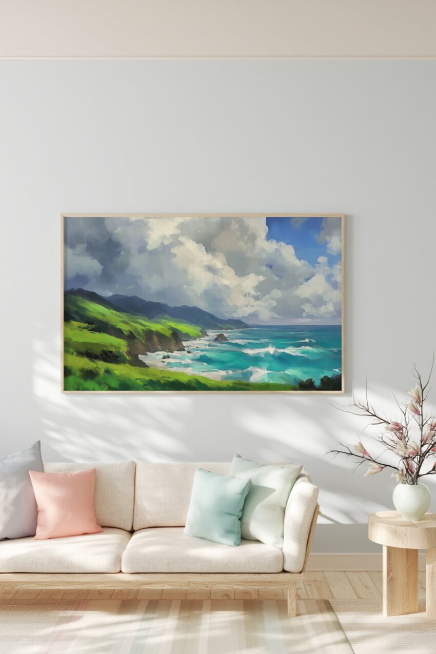 Kunstdruck eines grünen Küstenhügels mit blau-türkisfarbenem Meer und Wolken am Himmel, malerische Landschaft als Poster