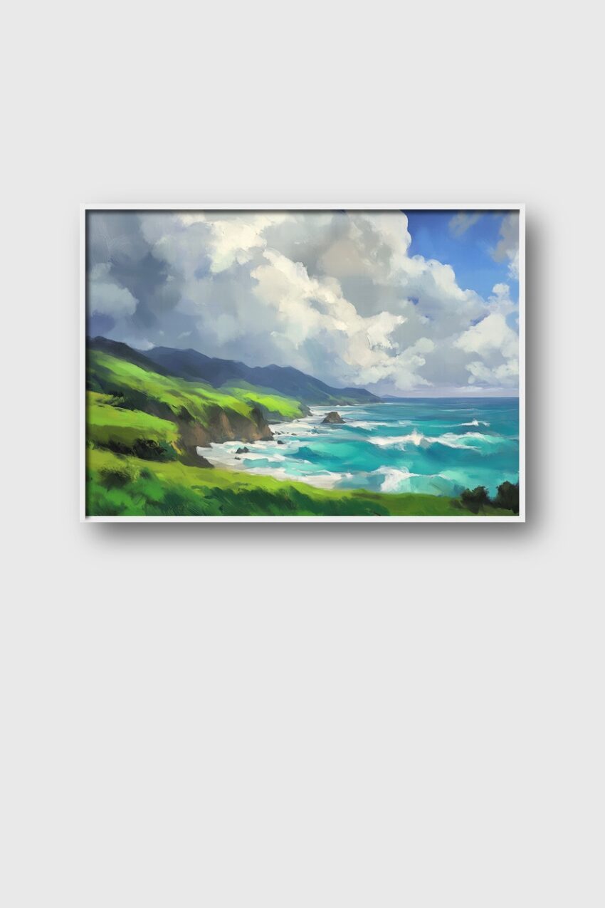 Kunstdruck eines grünen Küstenhügels mit blau-türkisfarbenem Meer und Wolken am Himmel, malerische Landschaft als Poster