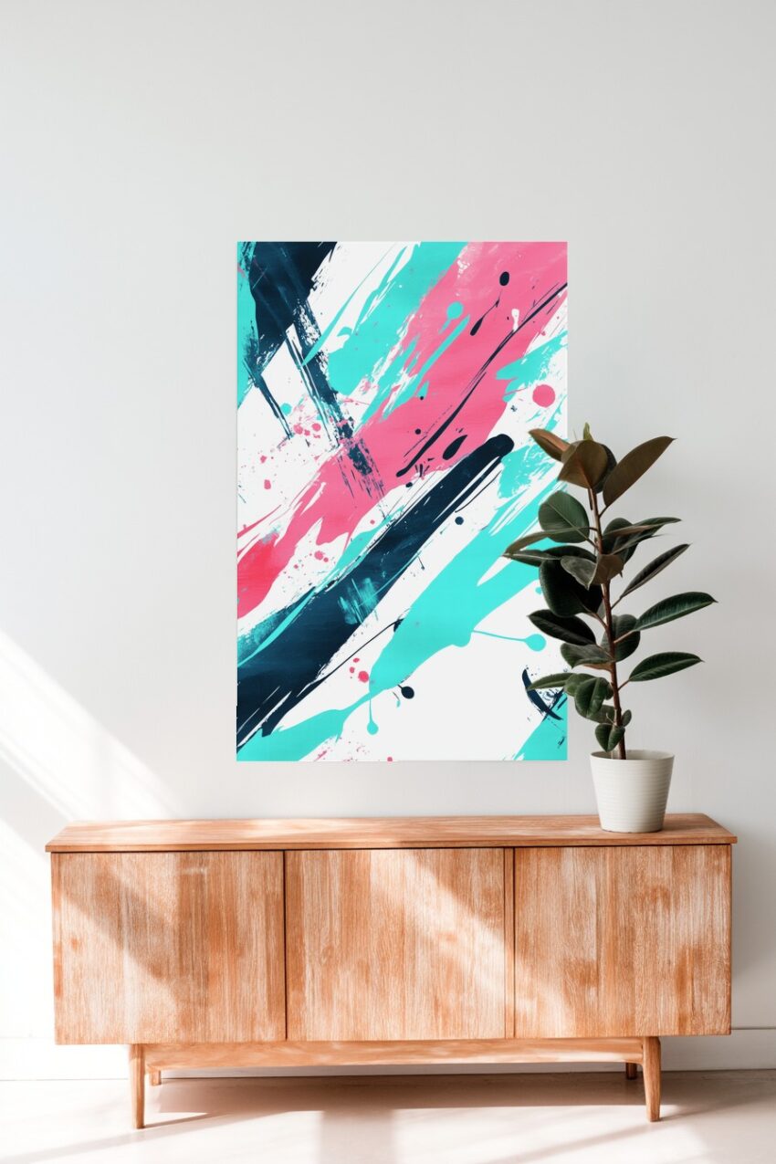 Abstrakter Kunstdruck mit kräftigen Farbstrichen in Türkis und Pink auf weißem Hintergrund als Poster, Kunstdruck oder Wandbild