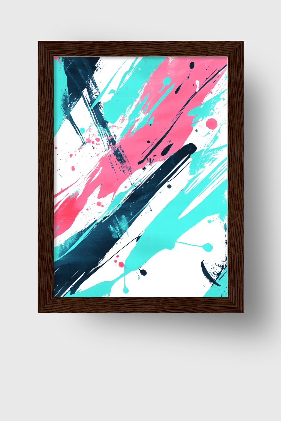 Abstrakter Kunstdruck mit kräftigen Farbstrichen in Türkis und Pink auf weißem Hintergrund als Poster, Kunstdruck oder Wandbild