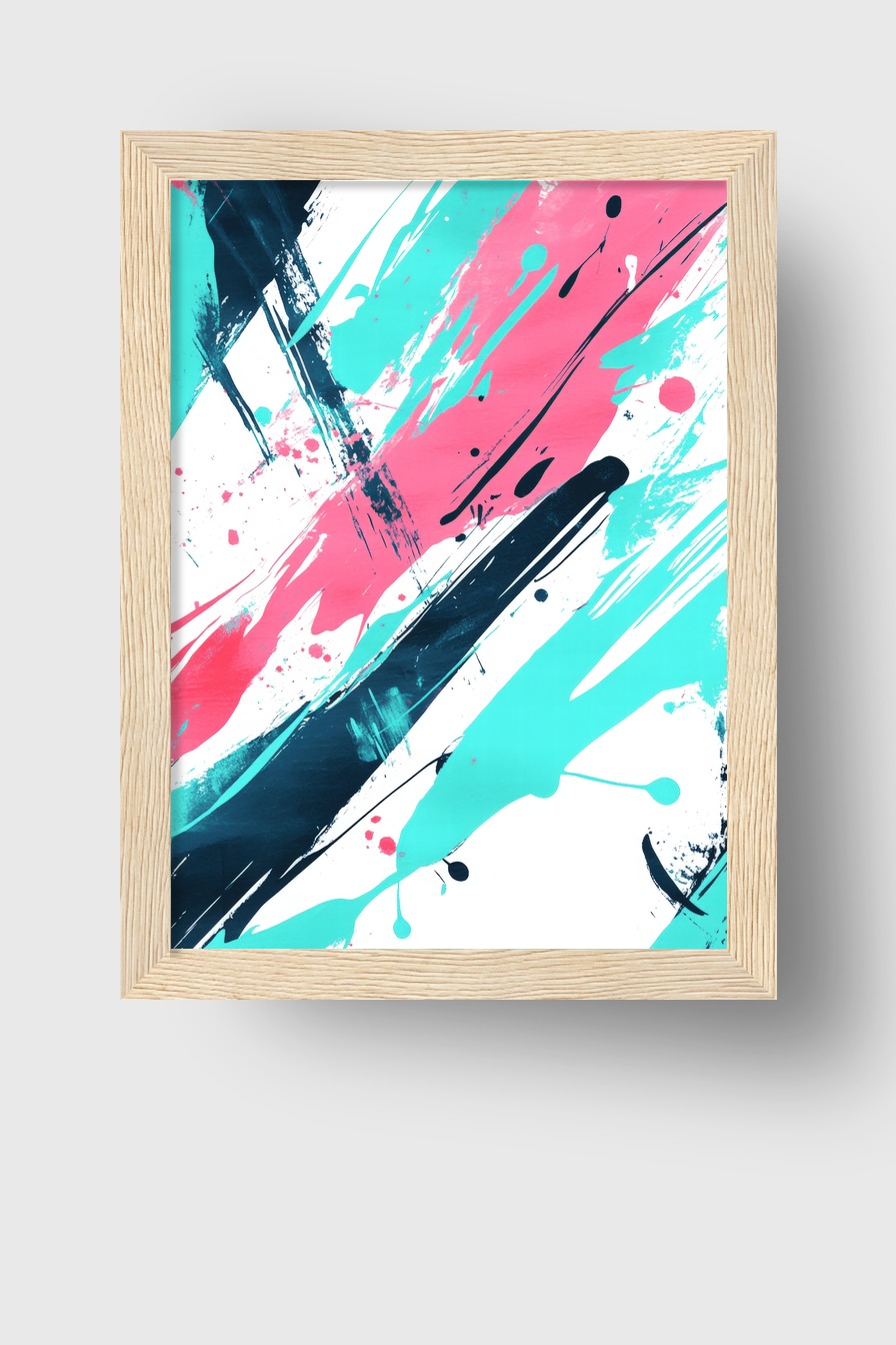 Abstrakter Kunstdruck mit kräftigen Farbstrichen in Türkis und Pink auf weißem Hintergrund als Poster, Kunstdruck oder Wandbild