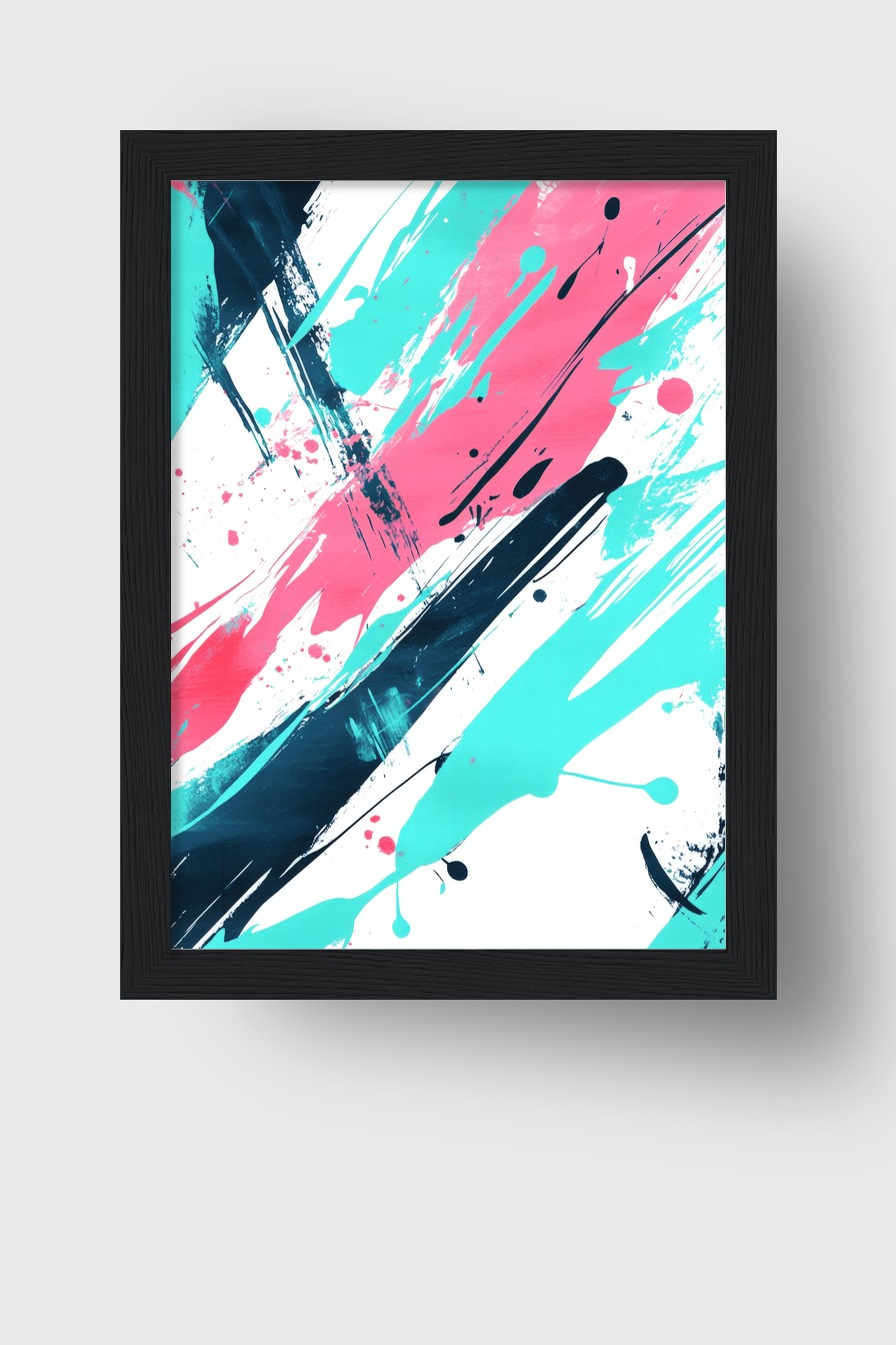 Abstrakter Kunstdruck mit kräftigen Farbstrichen in Türkis und Pink auf weißem Hintergrund als Poster, Kunstdruck oder Wandbild