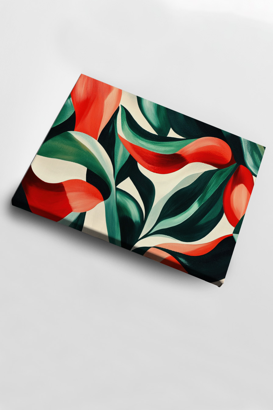 Poster mit roten und grünen Blättern und Blütenblättern, minimalistischer botanischer Kunstdruck auf halbmattem Papier