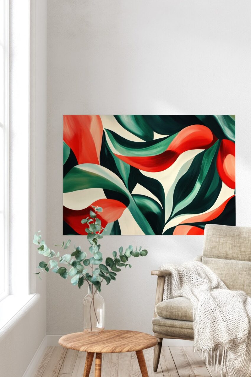 Poster mit roten und grünen Blättern und Blütenblättern, minimalistischer botanischer Kunstdruck auf halbmattem Papier