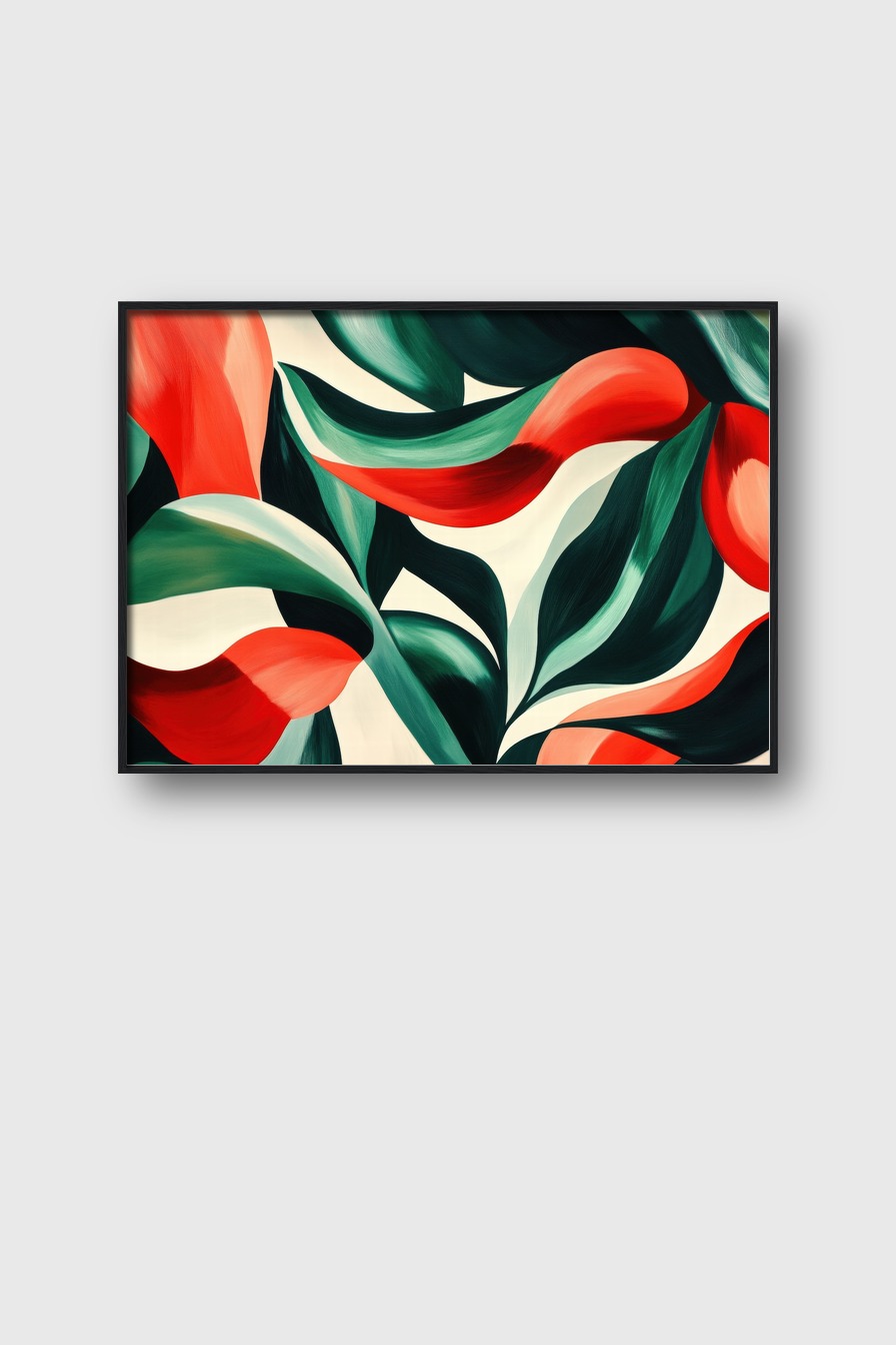 Poster mit roten und grünen Blättern und Blütenblättern, minimalistischer botanischer Kunstdruck auf halbmattem Papier