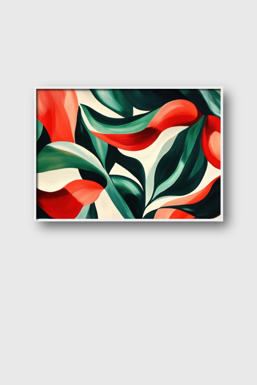 Poster mit roten und grünen Blättern und Blütenblättern, minimalistischer botanischer Kunstdruck auf halbmattem Papier