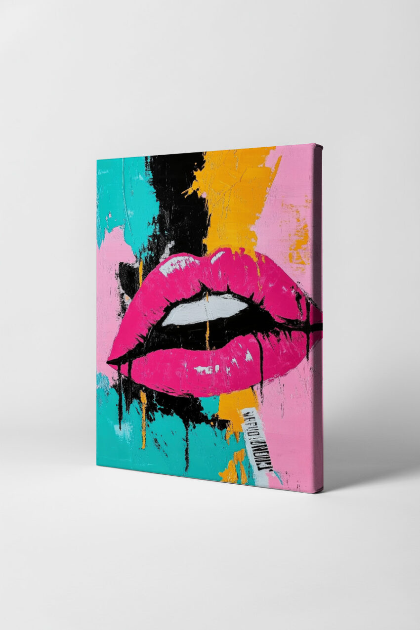 Pop Art Poster mit großen pinken Lippen vor farbigen Flächen in Türkis, Orange und Schwarz, leuchtender Kunstdruck mit klaren Formen