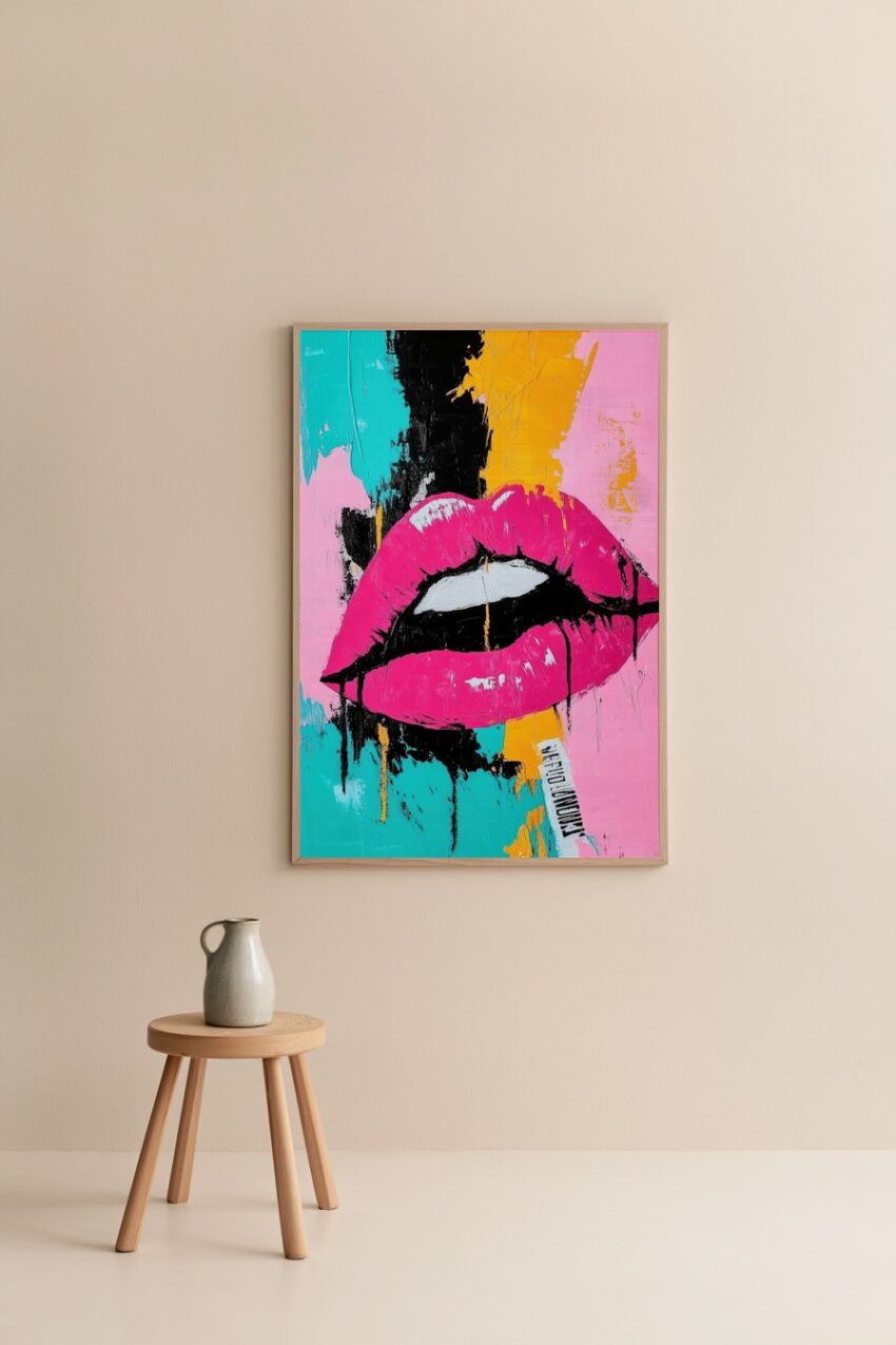 Pop Art Poster mit großen pinken Lippen vor farbigen Flächen in Türkis, Orange und Schwarz, leuchtender Kunstdruck mit klaren Formen