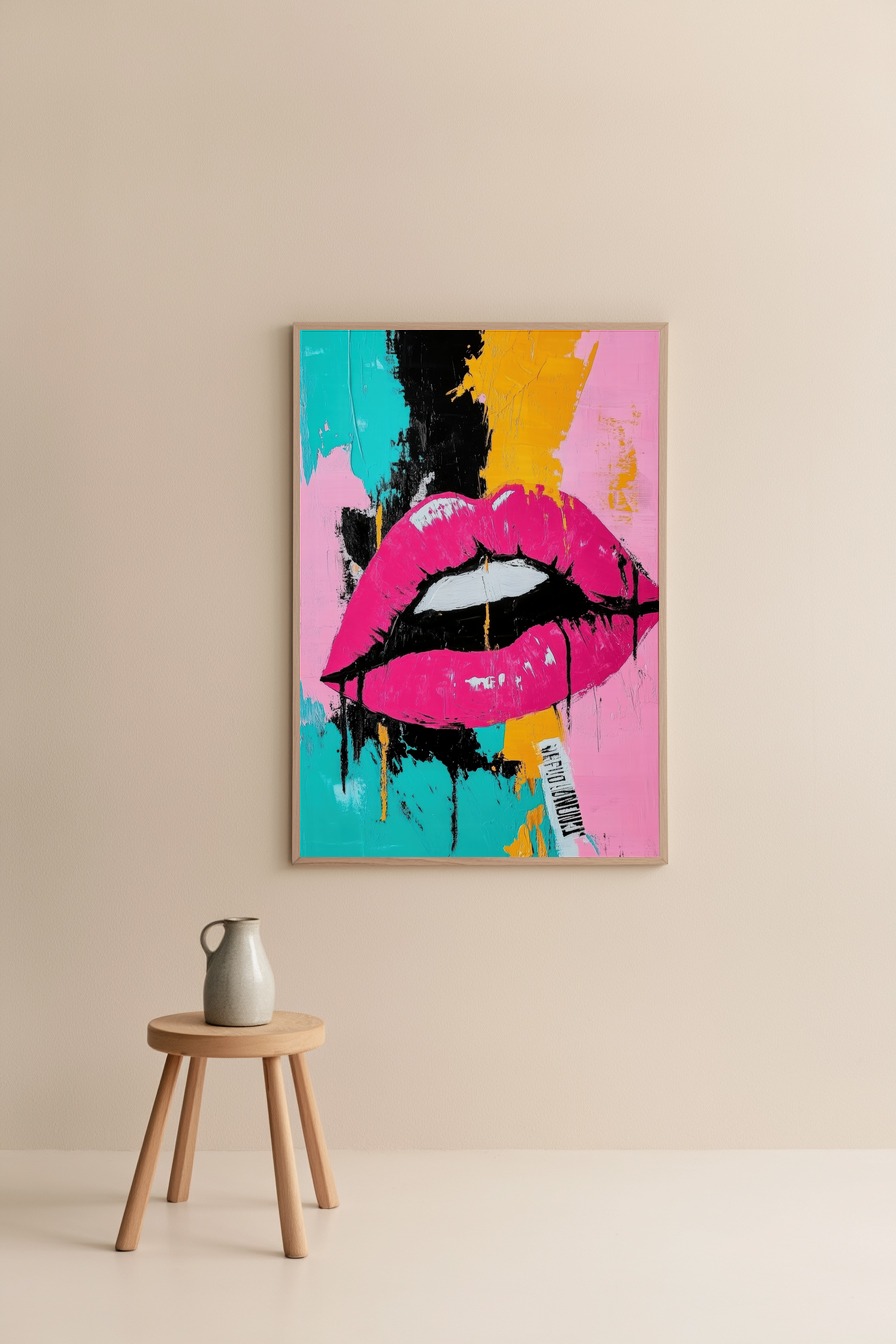 Pop Art Poster mit großen pinken Lippen vor farbigen Flächen in Türkis, Orange und Schwarz, leuchtender Kunstdruck mit klaren Formen
