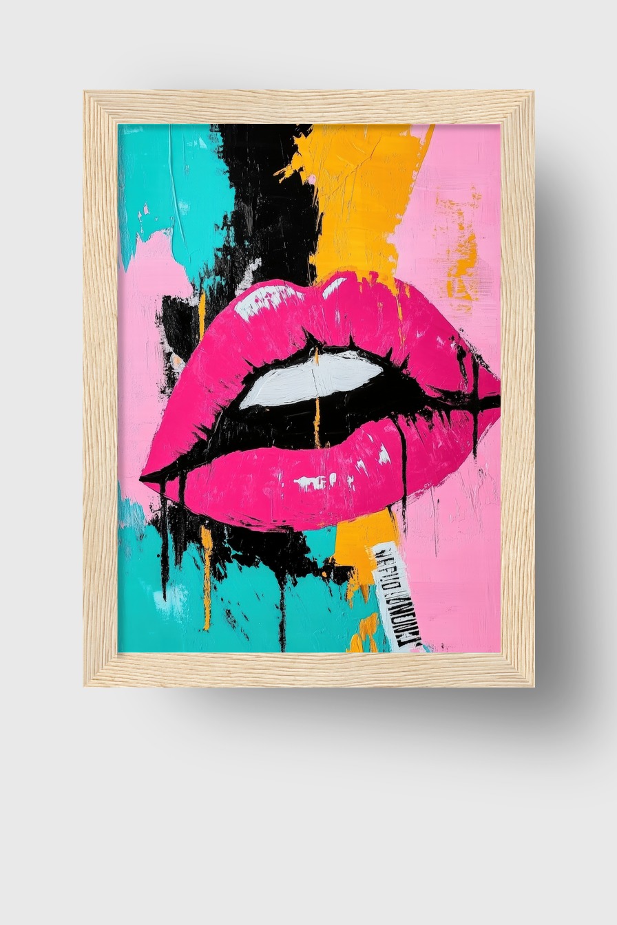 Pop Art Poster mit großen pinken Lippen vor farbigen Flächen in Türkis, Orange und Schwarz, leuchtender Kunstdruck mit klaren Formen