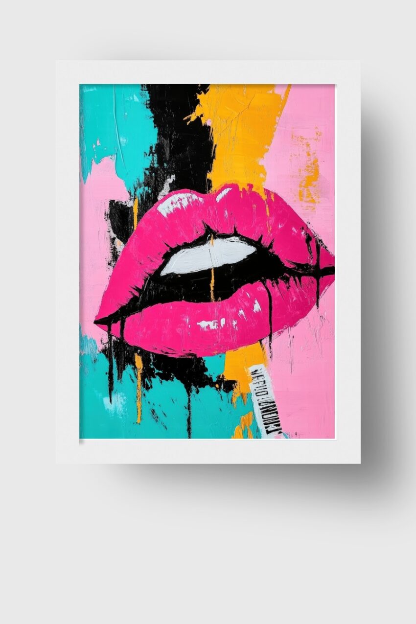 Pop Art Poster mit großen pinken Lippen vor farbigen Flächen in Türkis, Orange und Schwarz, leuchtender Kunstdruck mit klaren Formen