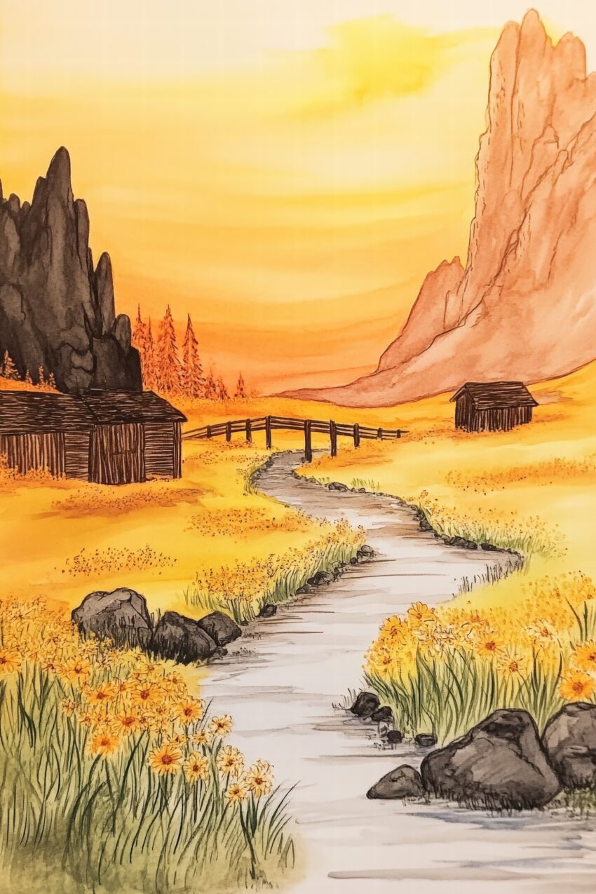 Poster mit herbstlicher Landschaft, Fluss und Weg zwischen Bergen, warmen Gelb- und Orangetönen im Aquarellstil