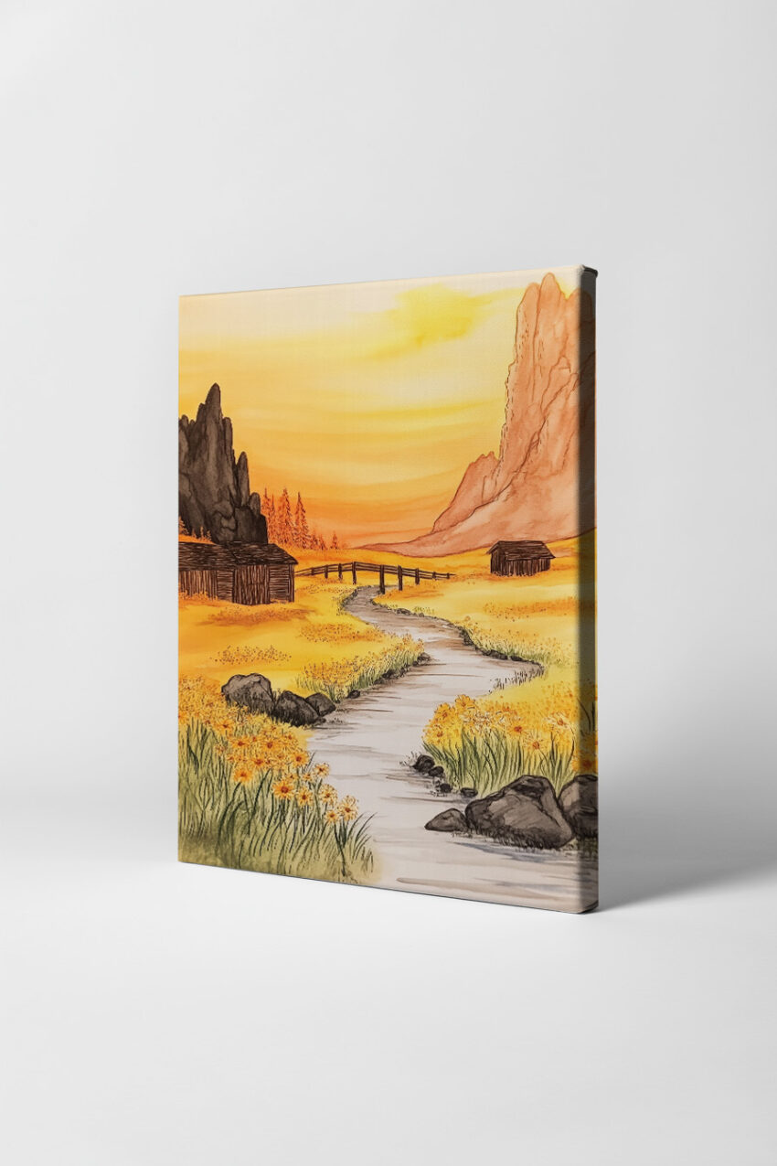 Poster mit herbstlicher Landschaft, Fluss und Weg zwischen Bergen, warmen Gelb- und Orangetönen im Aquarellstil