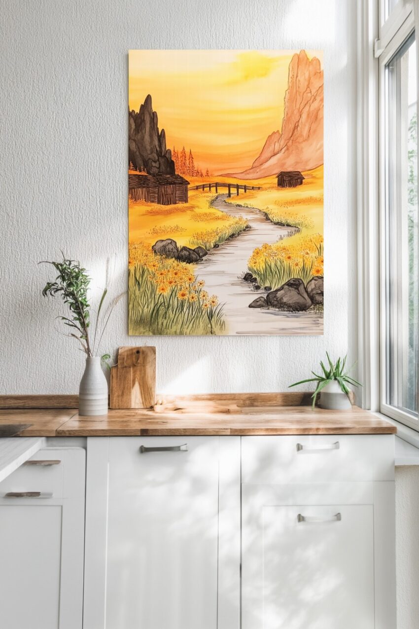 Poster mit herbstlicher Landschaft, Fluss und Weg zwischen Bergen, warmen Gelb- und Orangetönen im Aquarellstil