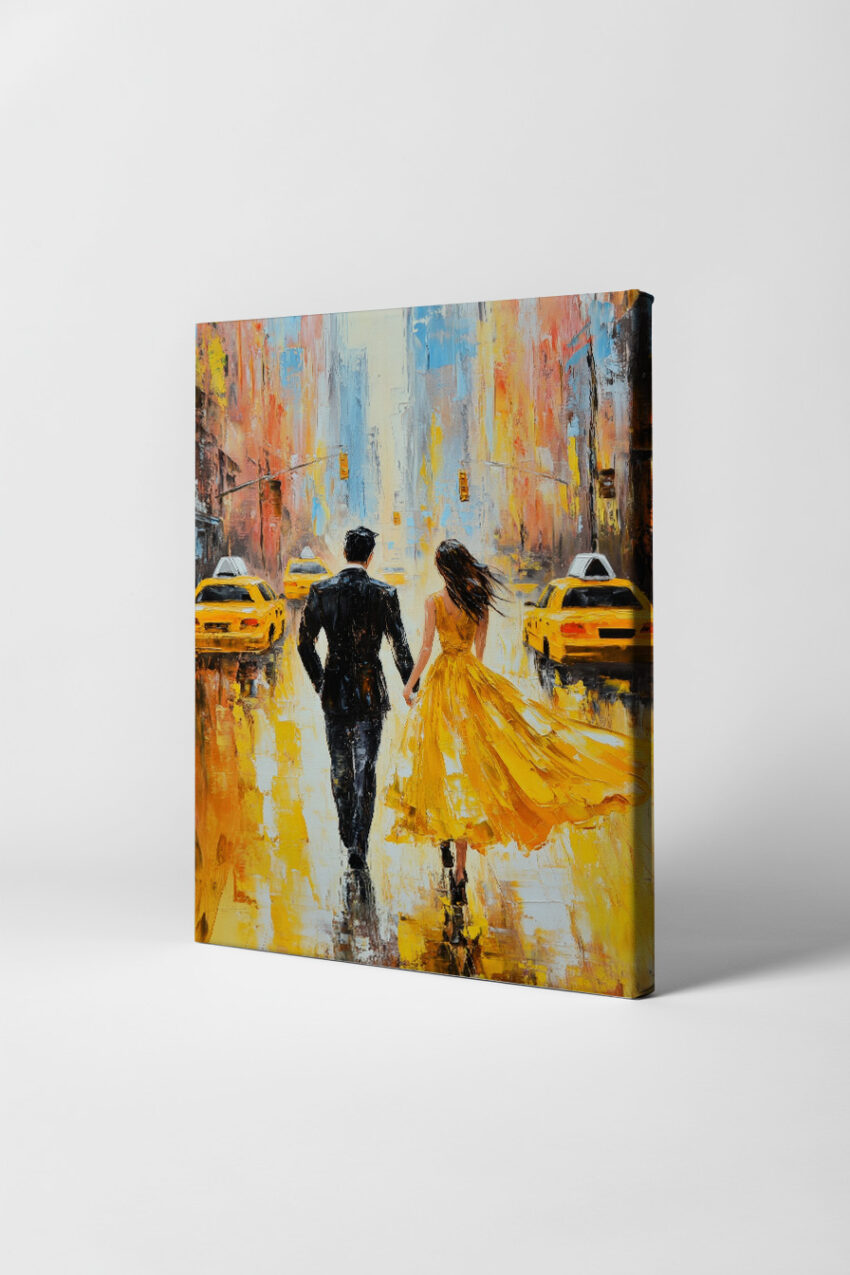 Farbenfroher Kunstdruck eines Paares, das Hand in Hand in der Stadt läuft, lebendige Gelb- und Orangetöne dominieren, Poster im impressionistischen Stil