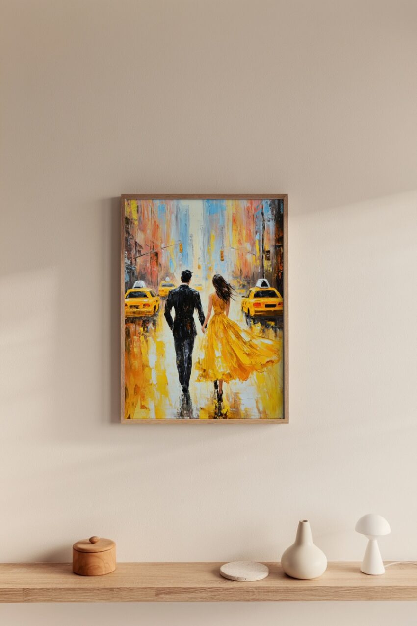 Farbenfroher Kunstdruck eines Paares, das Hand in Hand in der Stadt läuft, lebendige Gelb- und Orangetöne dominieren, Poster im impressionistischen Stil