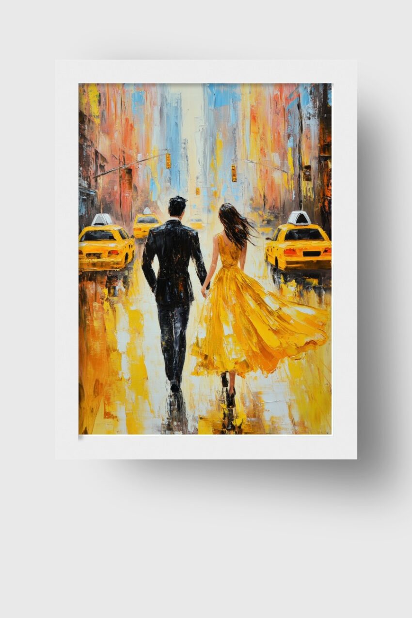 Farbenfroher Kunstdruck eines Paares, das Hand in Hand in der Stadt läuft, lebendige Gelb- und Orangetöne dominieren, Poster im impressionistischen Stil