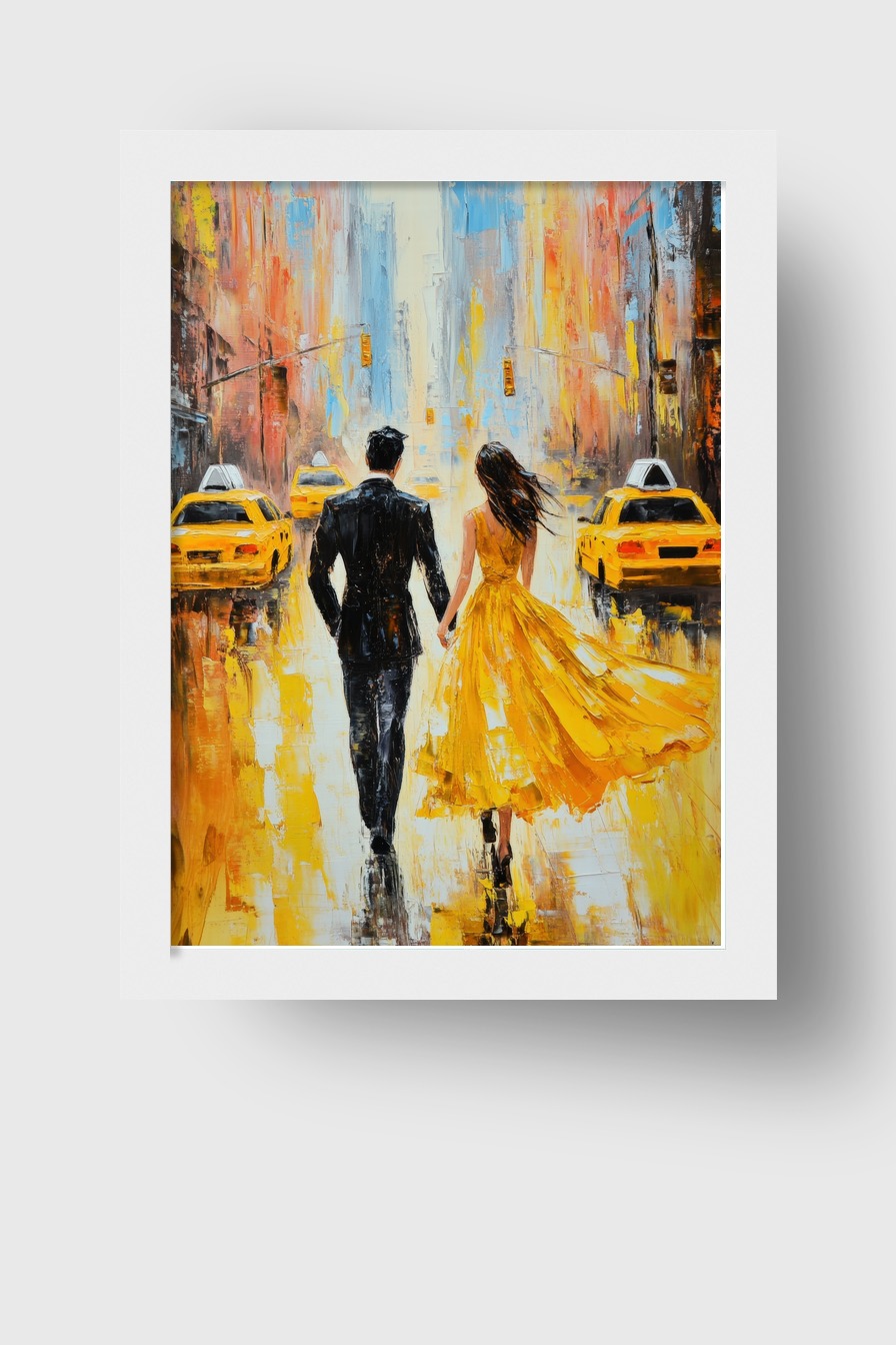 Farbenfroher Kunstdruck eines Paares, das Hand in Hand in der Stadt läuft, lebendige Gelb- und Orangetöne dominieren, Poster im impressionistischen Stil