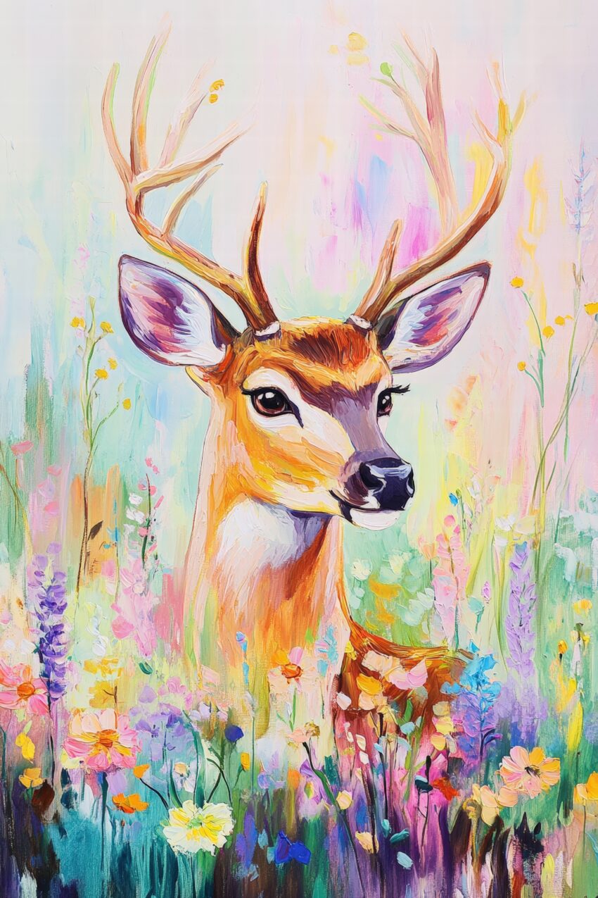 Kunstdruck mit buntem Reh in Blumenwiese, farbenfroh und sanft, als Poster, Kunstdruck oder Wandbild.