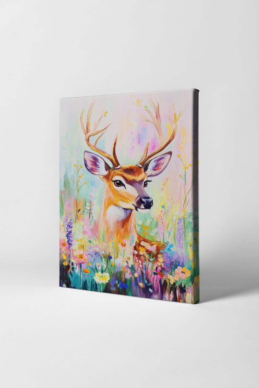 Kunstdruck mit buntem Reh in Blumenwiese, farbenfroh und sanft, als Poster, Kunstdruck oder Wandbild.