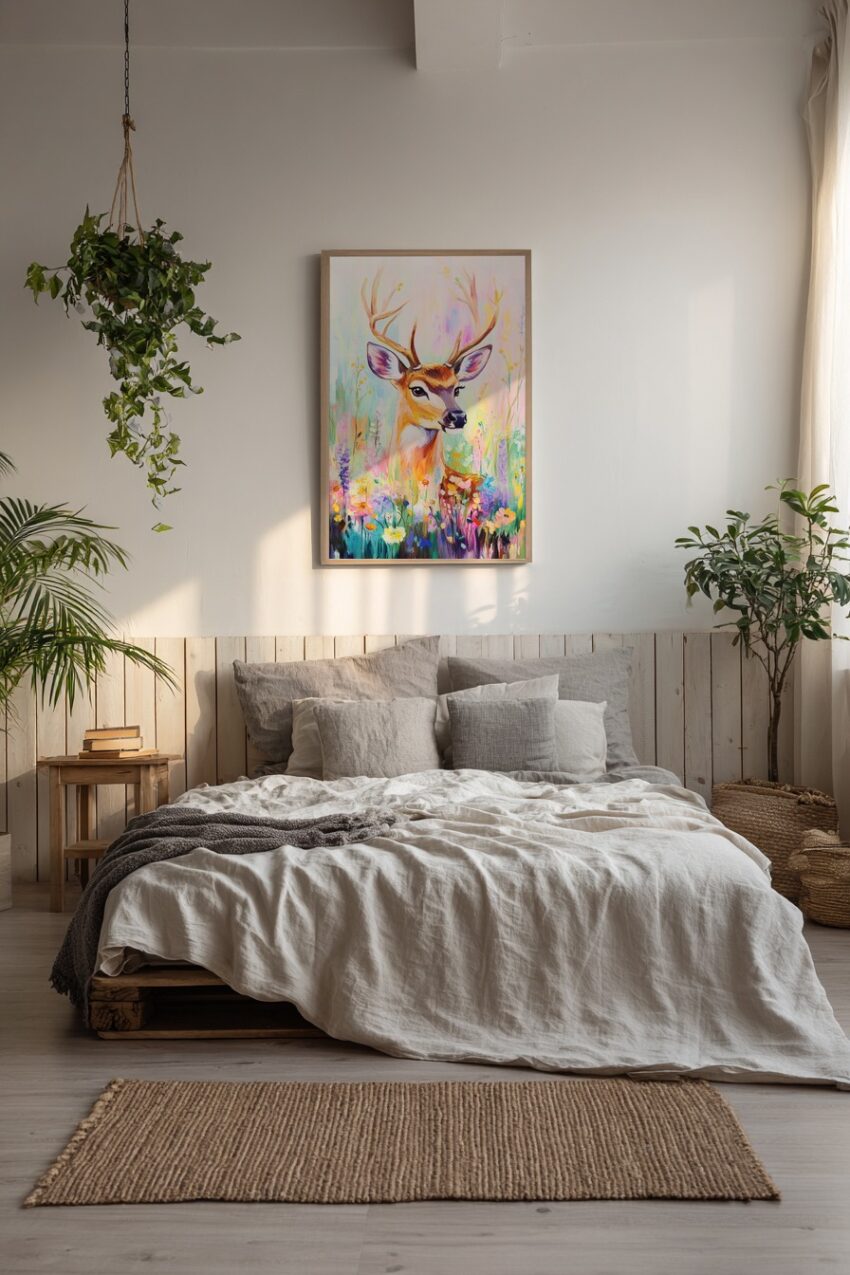 Kunstdruck mit buntem Reh in Blumenwiese, farbenfroh und sanft, als Poster, Kunstdruck oder Wandbild.