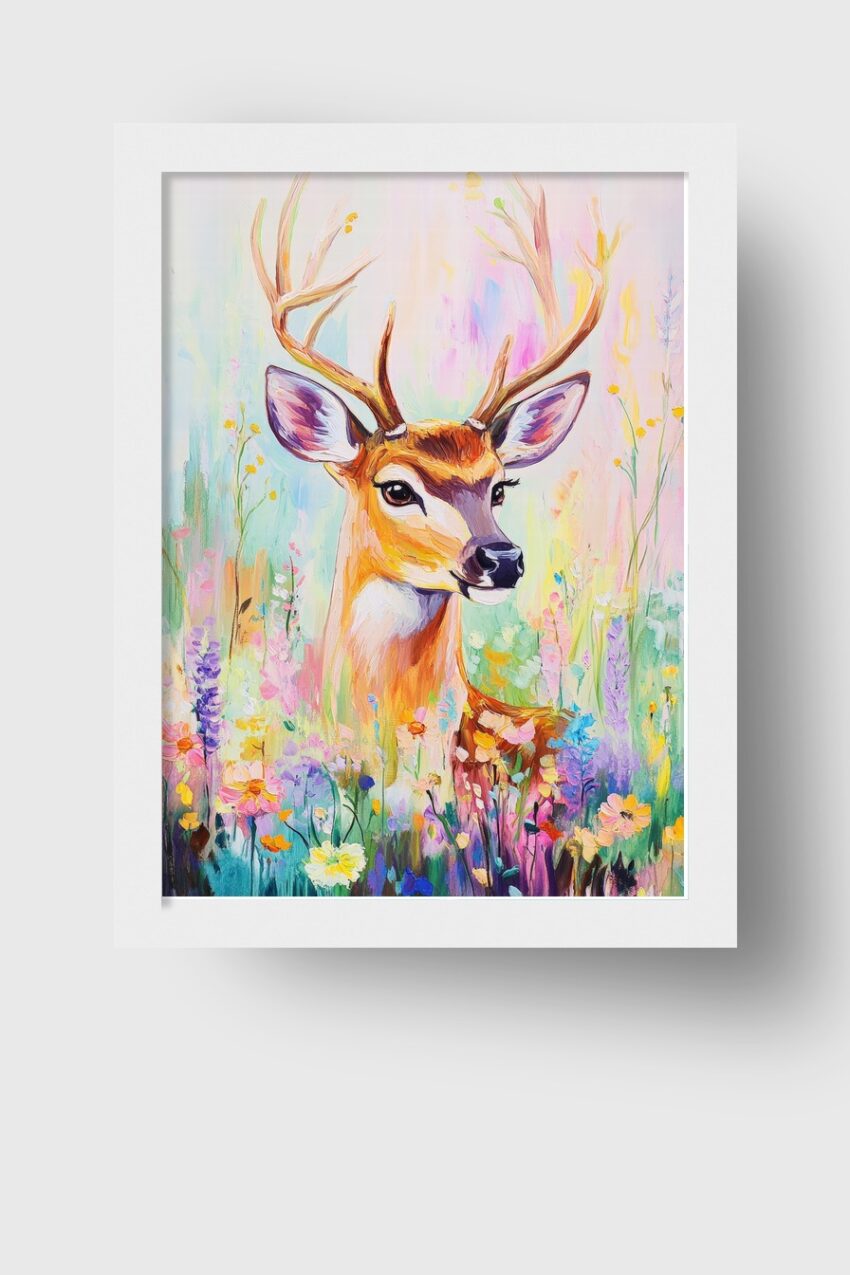 Kunstdruck mit buntem Reh in Blumenwiese, farbenfroh und sanft, als Poster, Kunstdruck oder Wandbild.