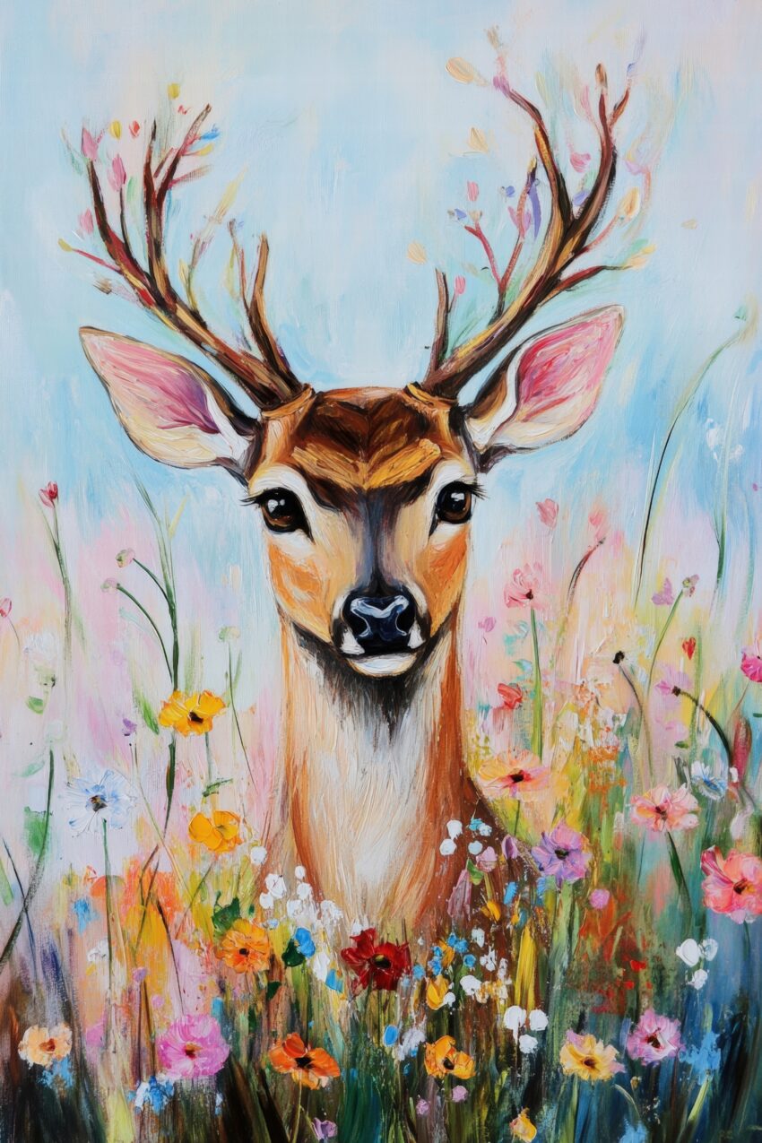 Poster mit Hirsch im bunten Blumenfeld, naturalistische Tiermalerei mit fröhlichen Frühlingsfarben