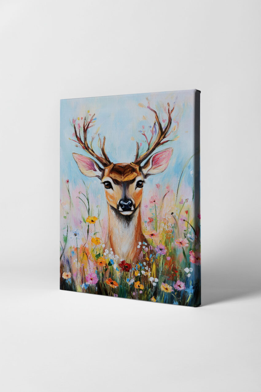 Poster mit Hirsch im bunten Blumenfeld, naturalistische Tiermalerei mit fröhlichen Frühlingsfarben