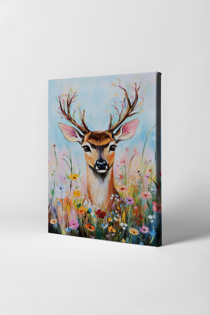 Poster mit Hirsch im bunten Blumenfeld, naturalistische Tiermalerei mit fröhlichen Frühlingsfarben